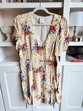 Sézane Cream Floral Polka Dot Dress Sz 42 V-Neck Puff Sleeve